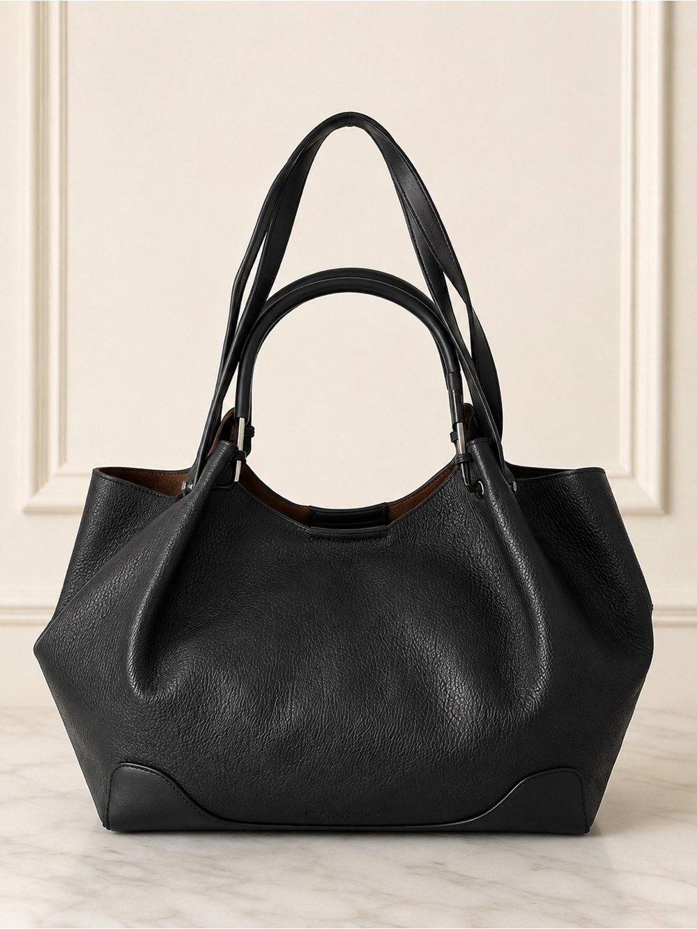 Sondra Roberts Black Pebbled Leather Large Tote Shoulder Bag Dual Handle